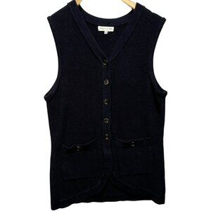 Moon River Womens Knit V Neck Sweater Vest Button Front Size L Navy Blue Pockets
